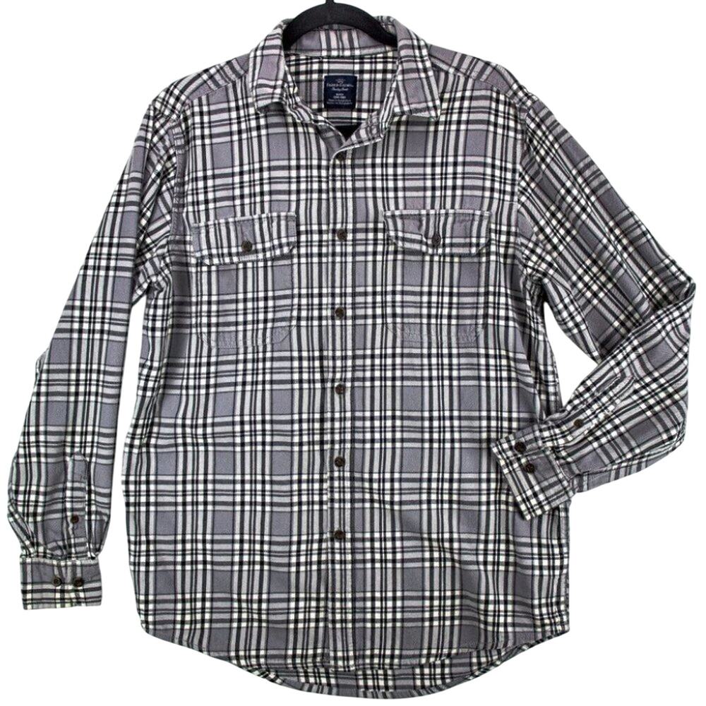 Faded Glory Flannel Shirt Men’s Small 34-36 Gray Black Plaid 100% Cotton